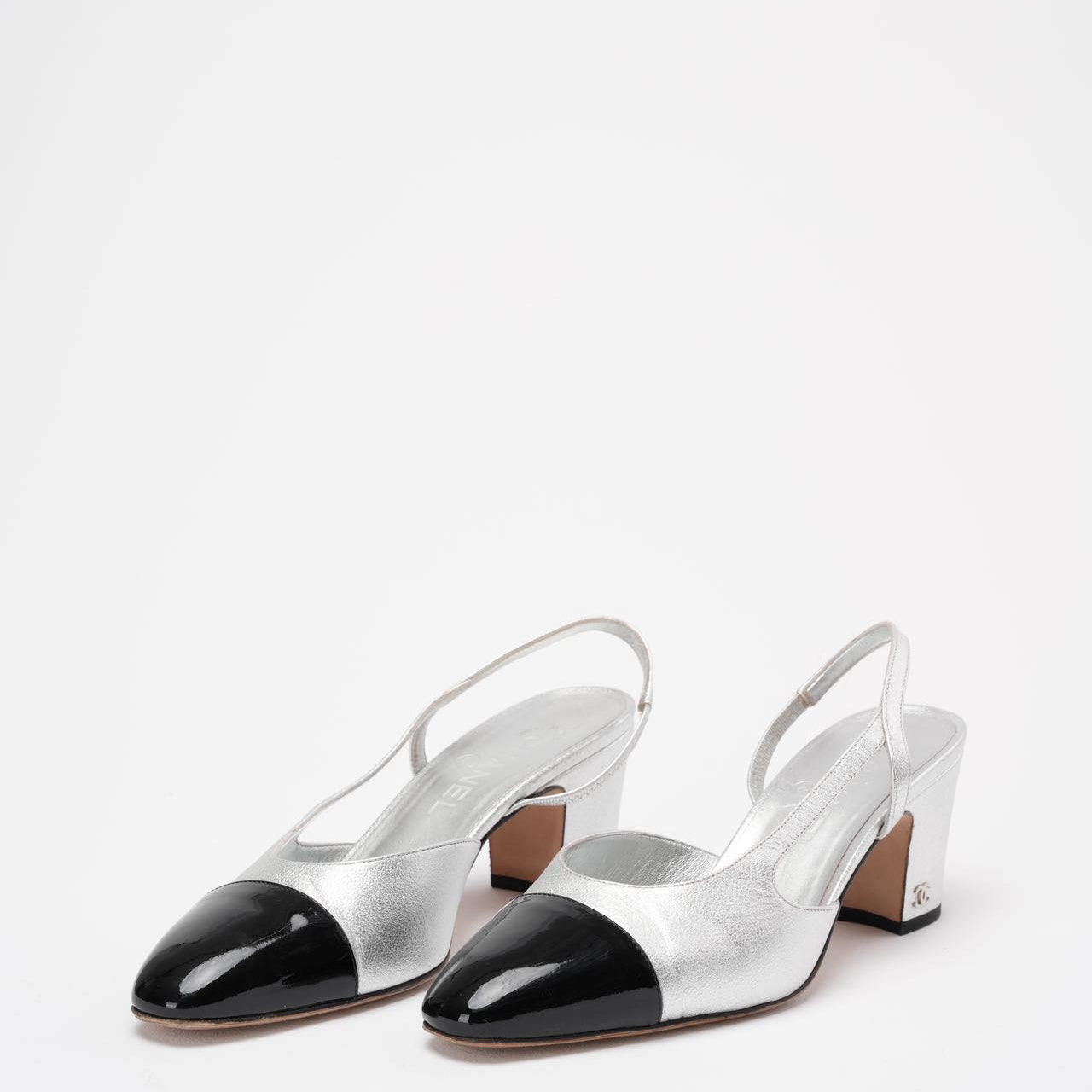 Chanel Silver / Black Leather and Patent Cap Toe CC D'osray Slingback Sandals Size 38