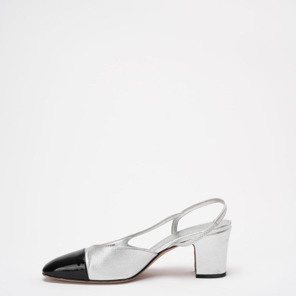 Chanel Silver / Black Leather and Patent Cap Toe CC D'osray Slingback Sandals Size 38