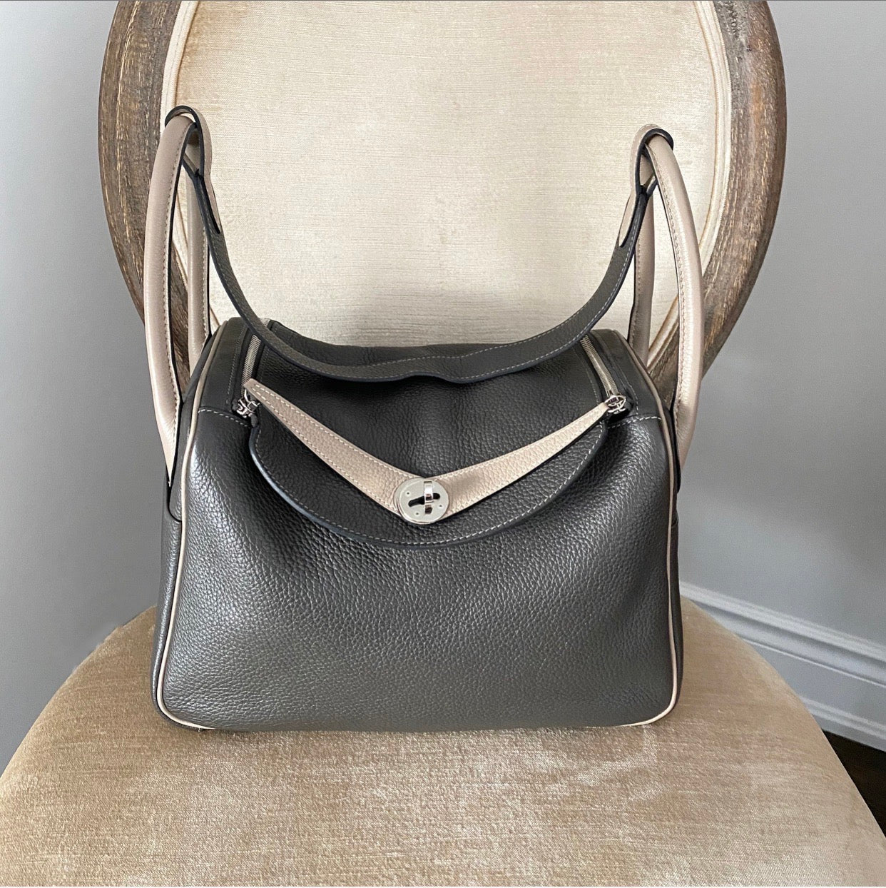Hermes Vert Bronze / Gris Tourterelle Bicolor Lindy 30 Clemence PHW