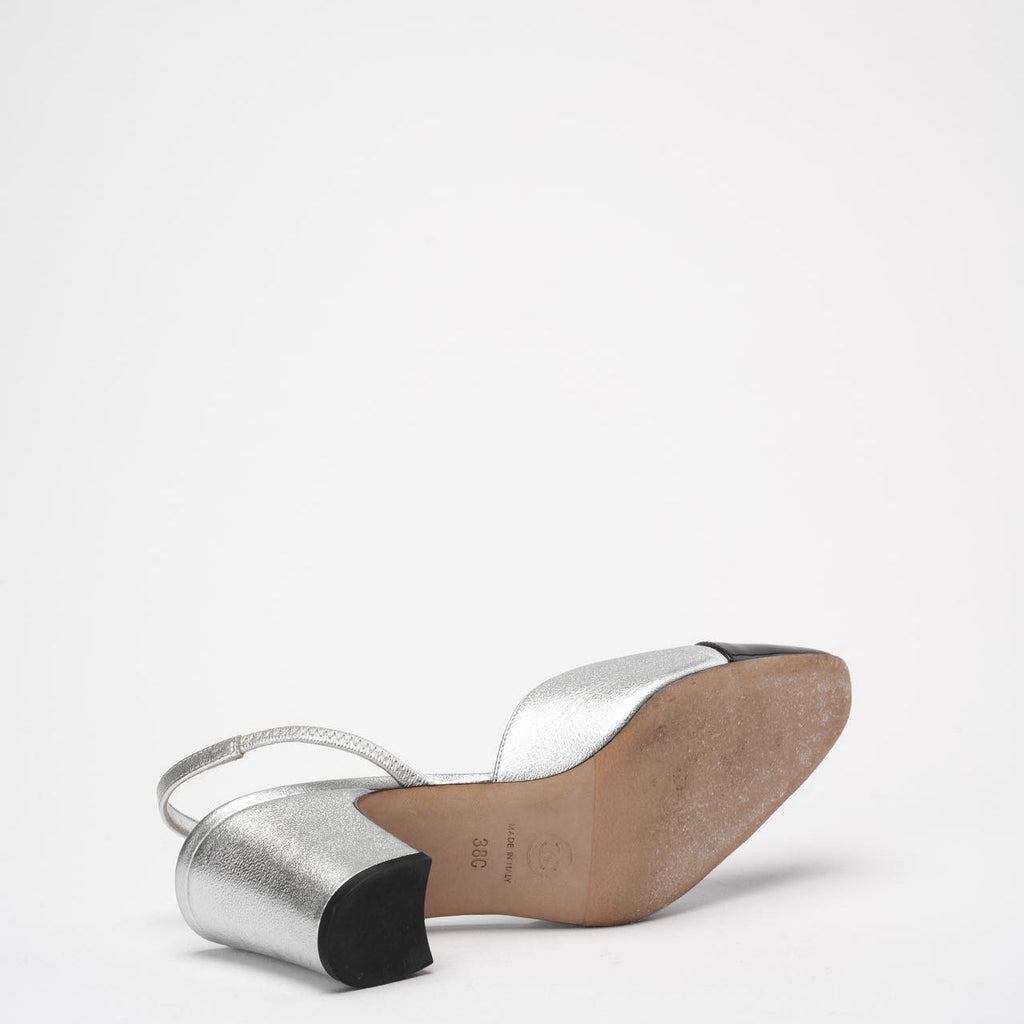 Chanel Silver / Black Leather and Patent Cap Toe CC D'osray Slingback Sandals Size 38