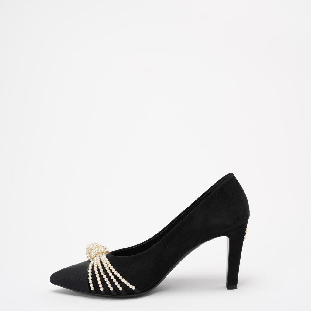 Chanel Black Suede Pearl Grosgrain Pumps size 38½