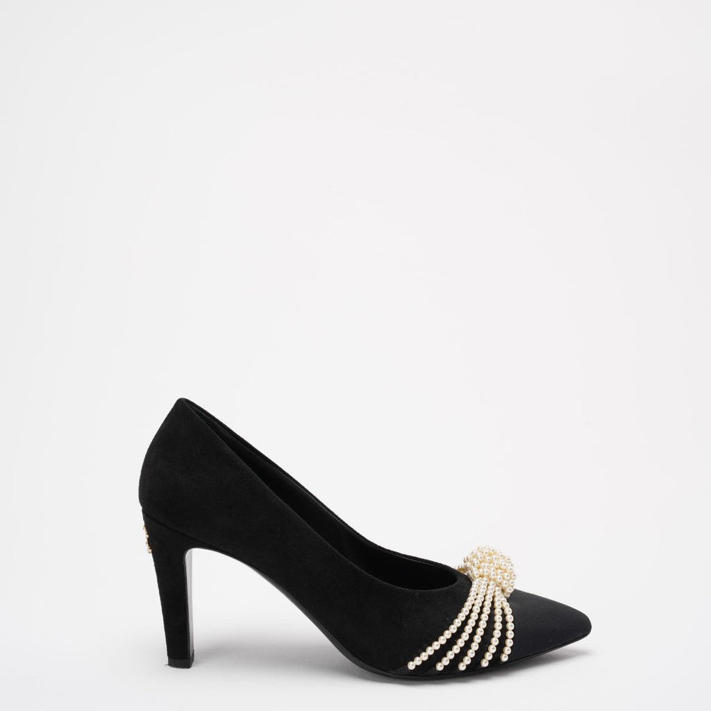 Chanel Black Suede Pearl Grosgrain Pumps size 38½