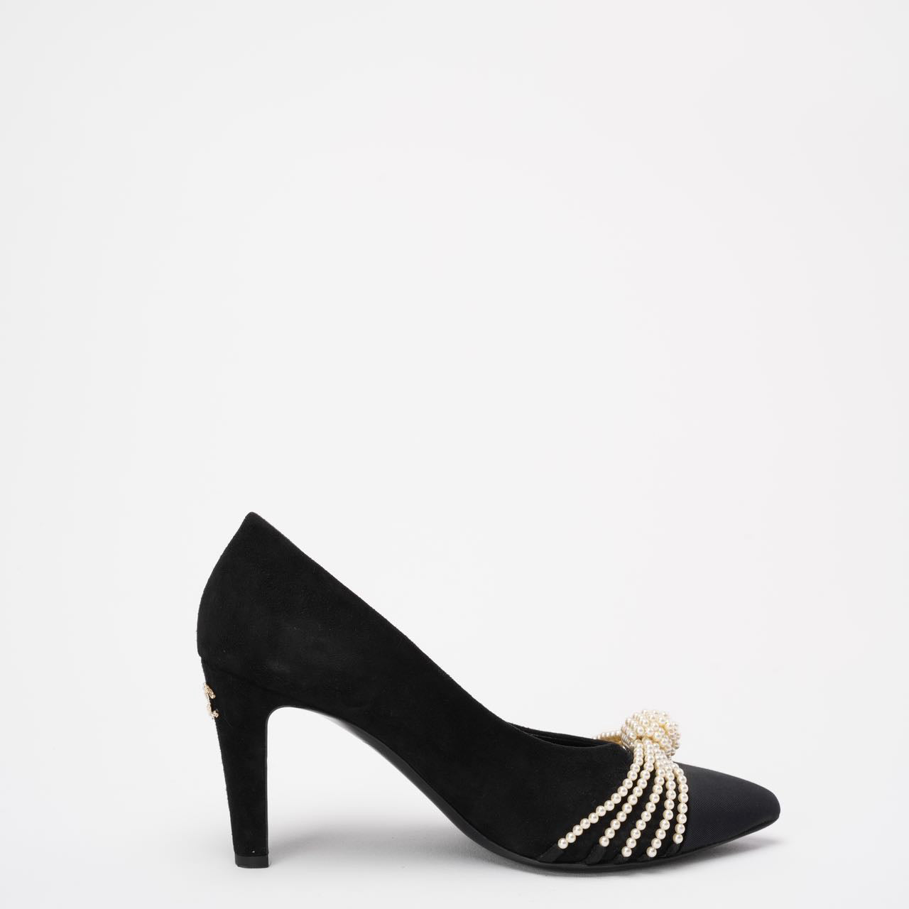 Chanel Black Suede Pearl Grosgrain Pumps size 38½