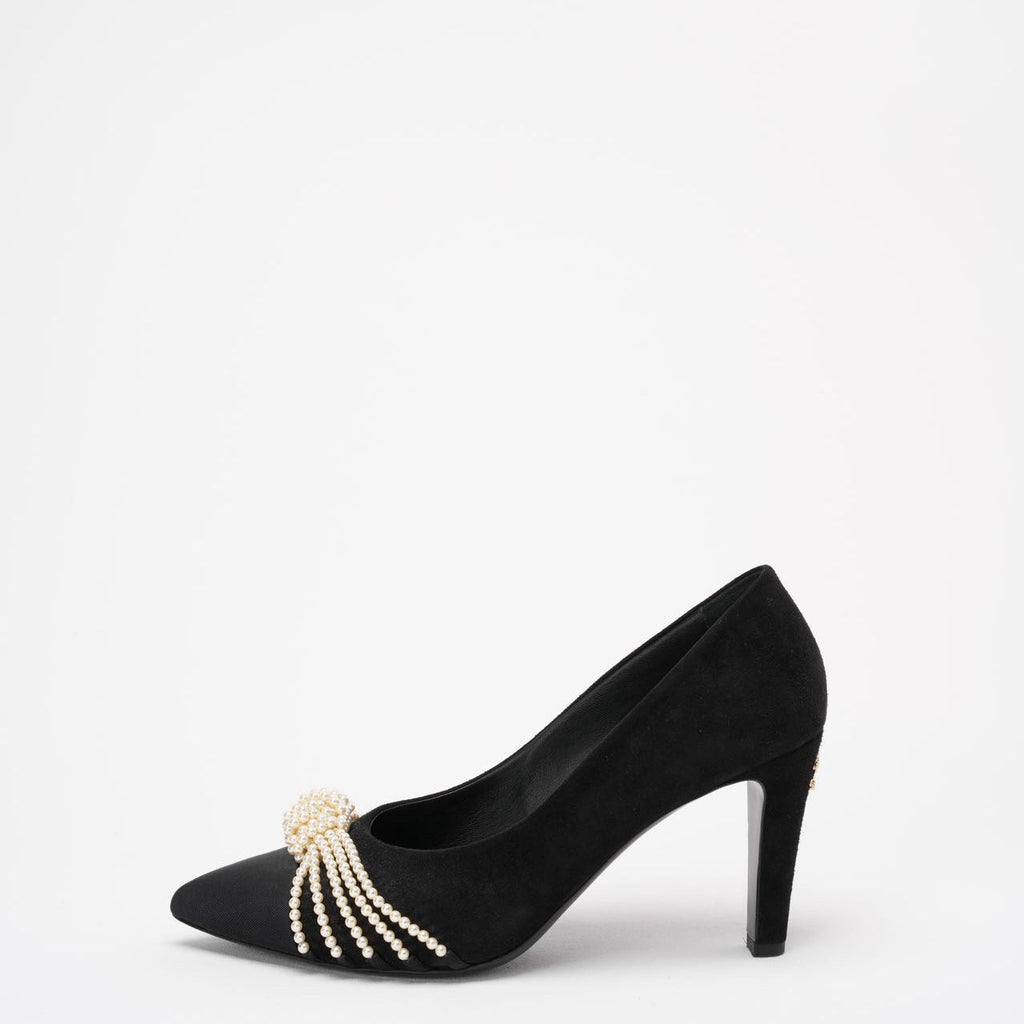 Chanel Black Suede Pearl Grosgrain Pumps size 38½