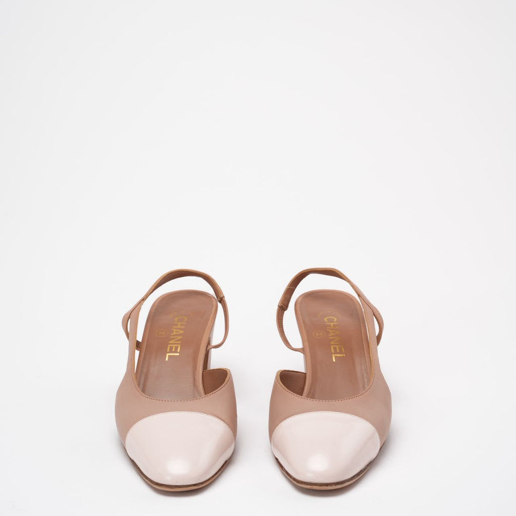 Chanel Beige / Cream Leather CC Cap-Toe Slingback Pumps Size 39