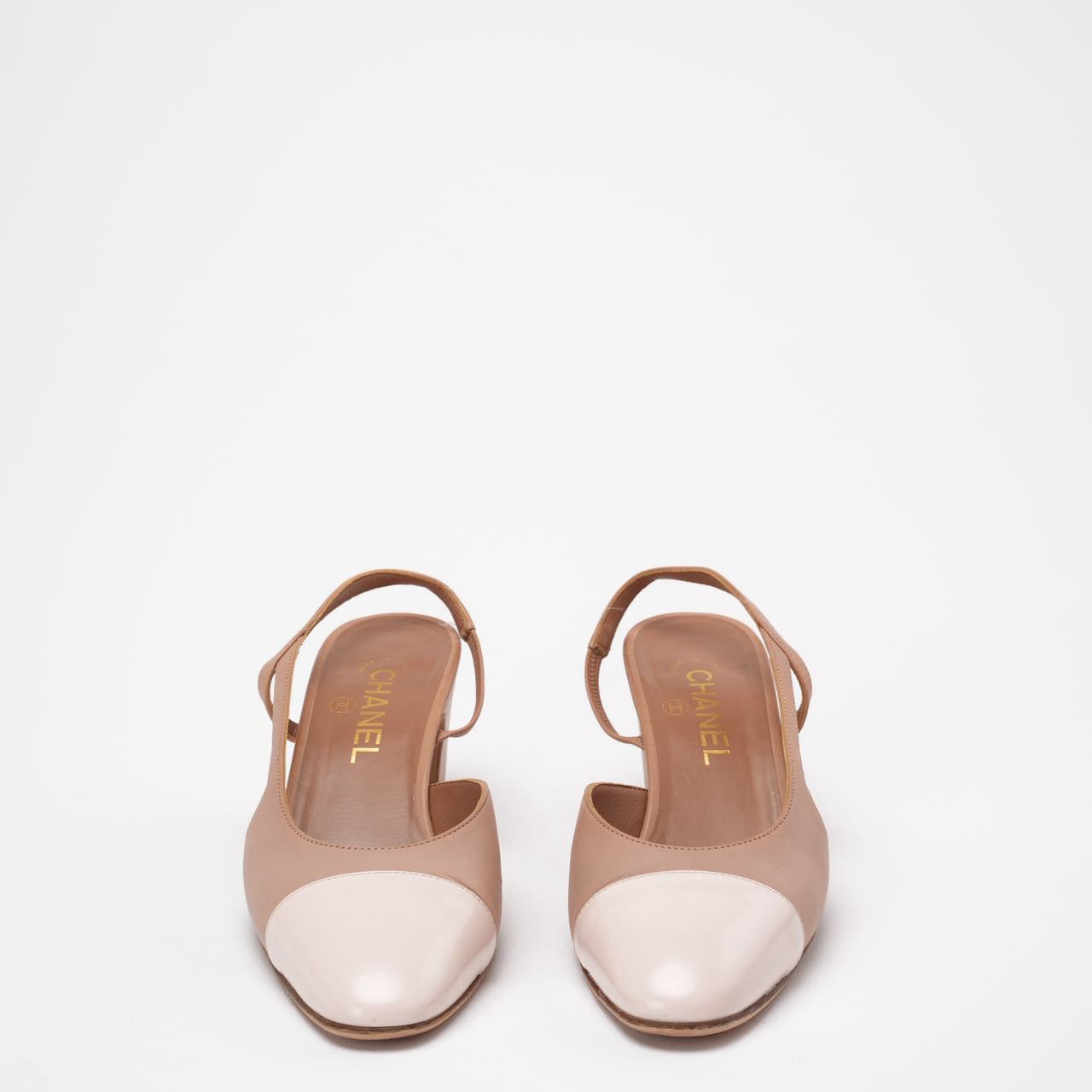 Chanel Beige / Cream Leather CC Cap-Toe Slingback Pumps Size 39