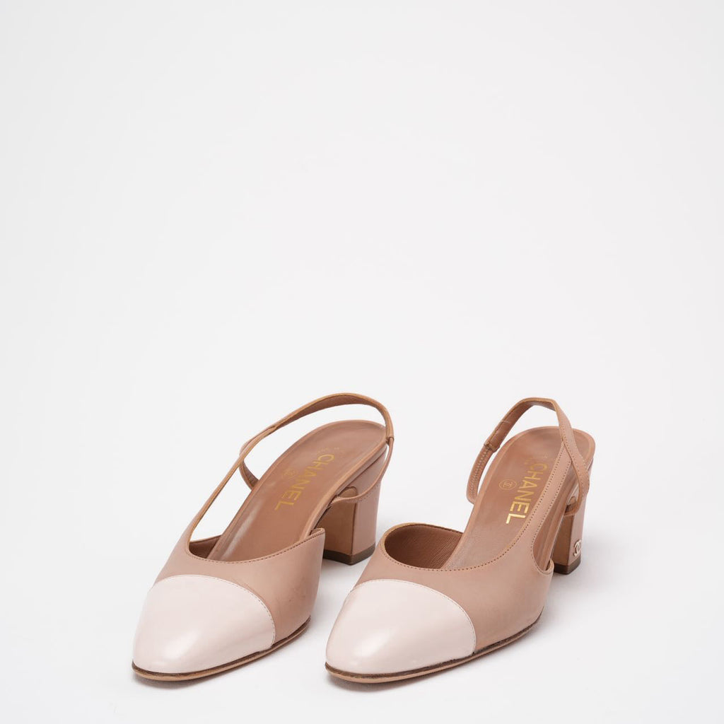 Chanel Beige / Cream Leather CC Cap-Toe Slingback Pumps Size 39