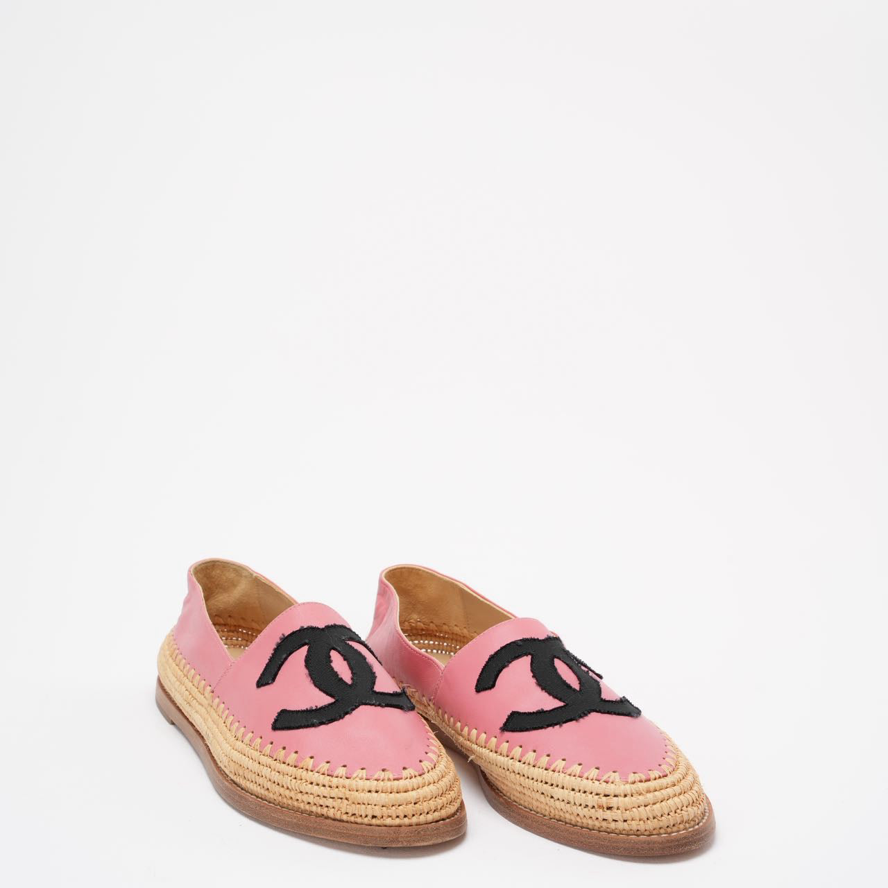 Chanel Pink / Black Lambskin Leather CC Espadrille Flats Size 38