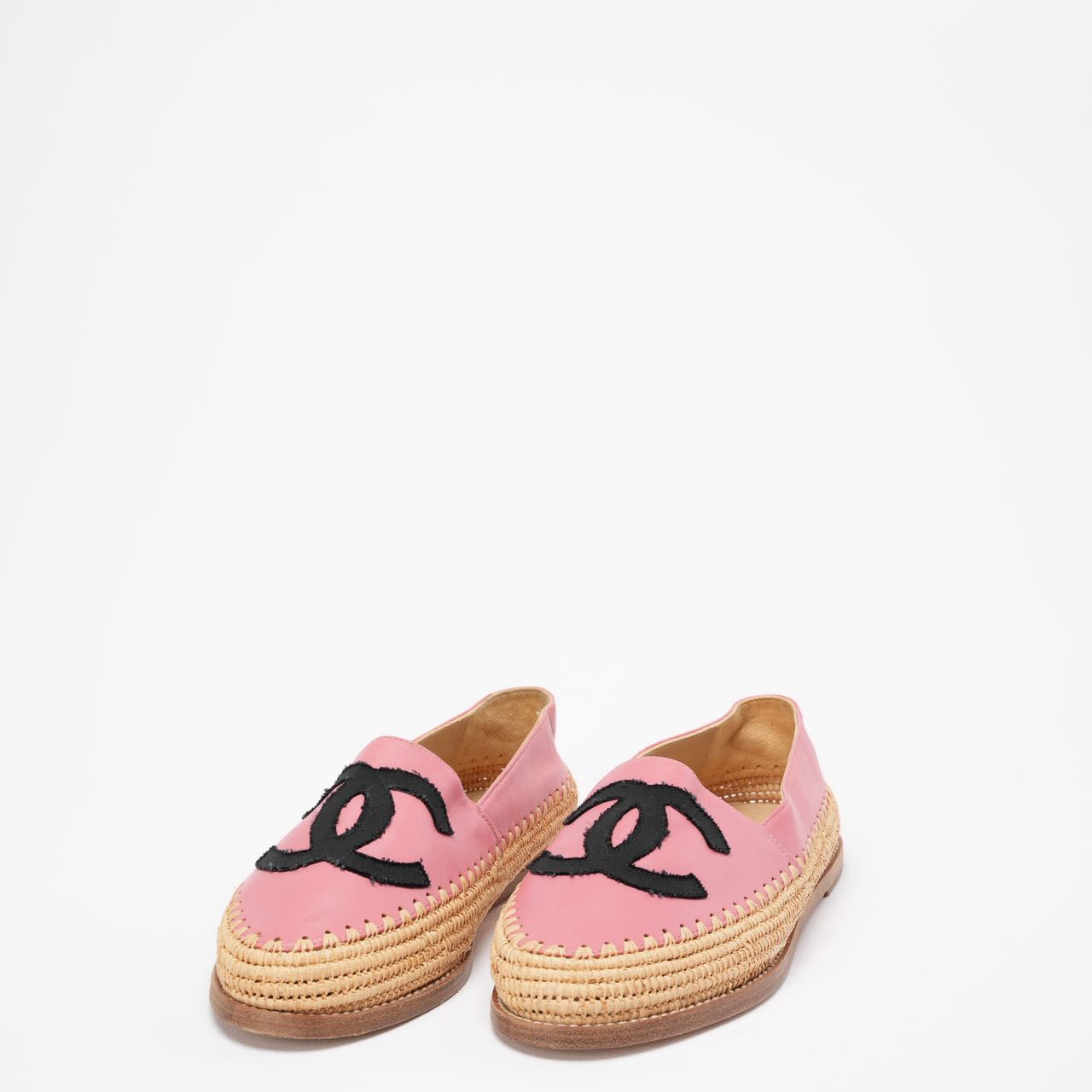 Chanel Pink / Black Lambskin Leather CC Espadrille Flats Size 38