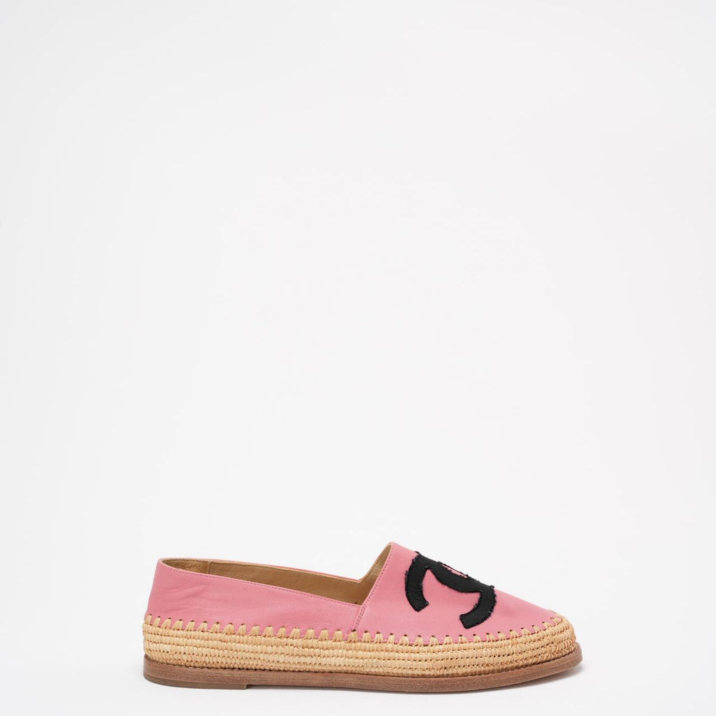 Chanel Pink / Black Lambskin Leather CC Espadrille Flats Size 38