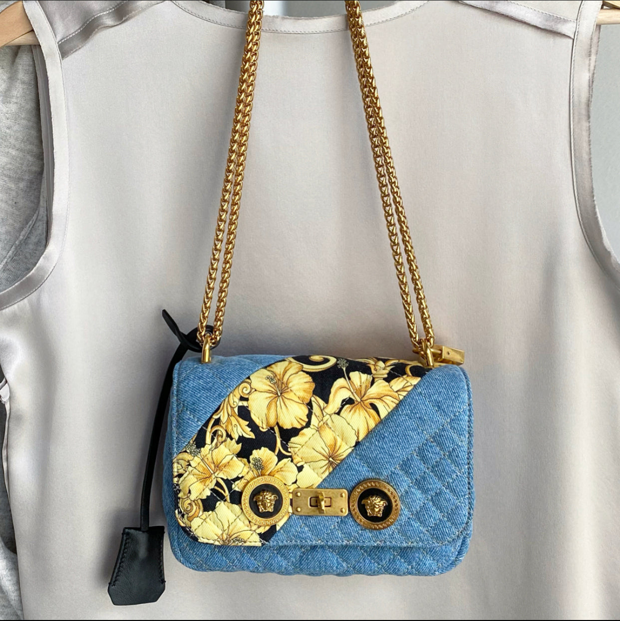 Versace Small Denim Barocco Quilted Icon Flap Bag