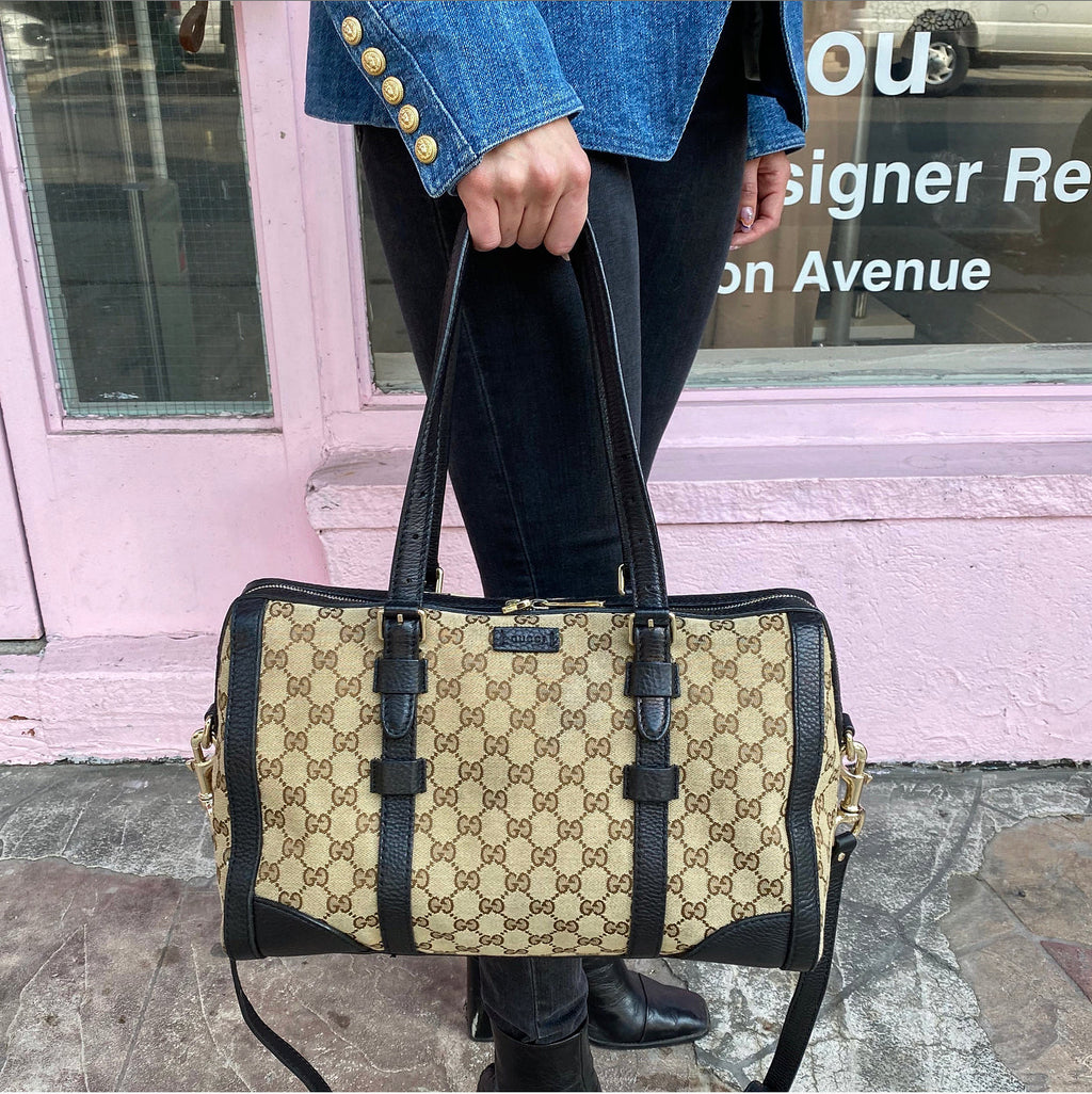 Gucci Monogram Canvas and Black Leather Two Way Bag with Shoulder Strap