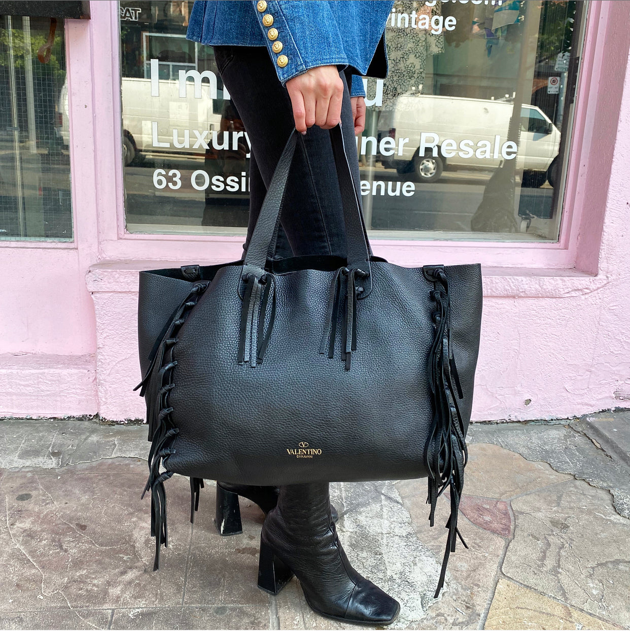 Valentino C-Rockee Leather Fringe Tote Bag