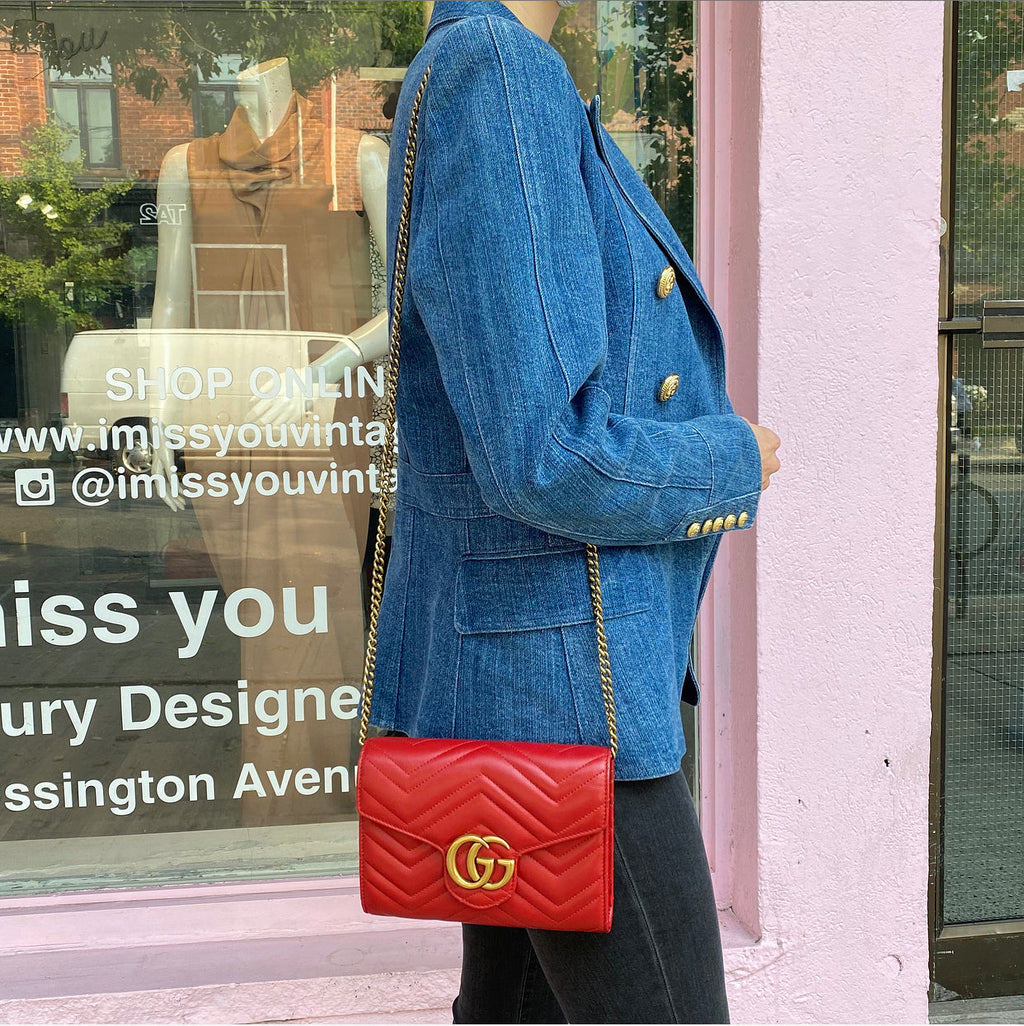 Gucci Red Marmont Matelasse GG Logo Wallet On Chain Crossbody Bag