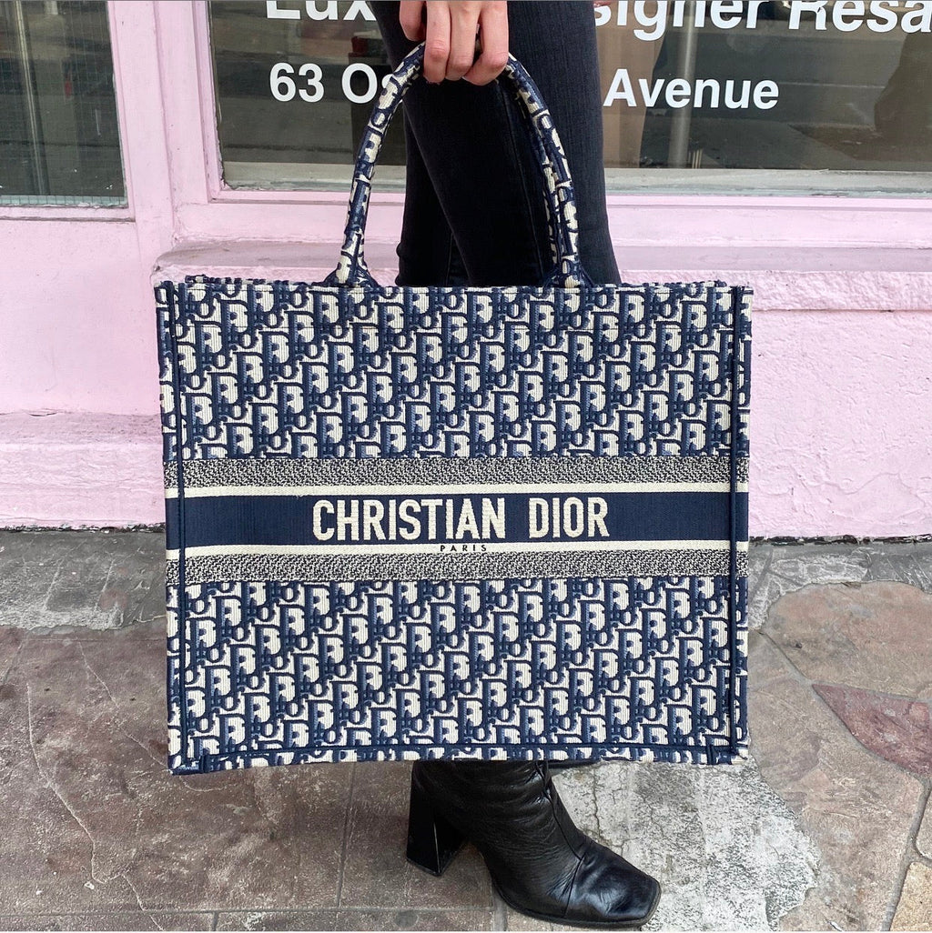 Dior Navy Oblique Trotteur Logo Large Book Bag Tote