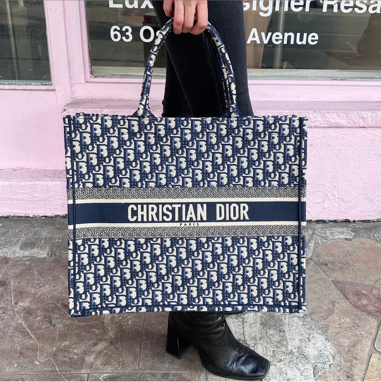 Dior Navy Oblique Trotteur Logo Large Book Bag Tote
