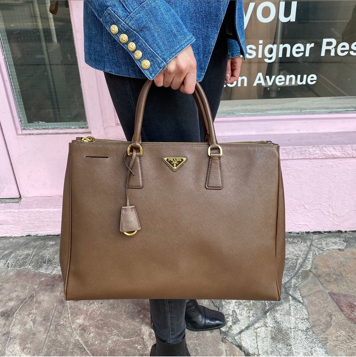 Prada Large Brown Saffiano Leather Double Galleria Tote Bag