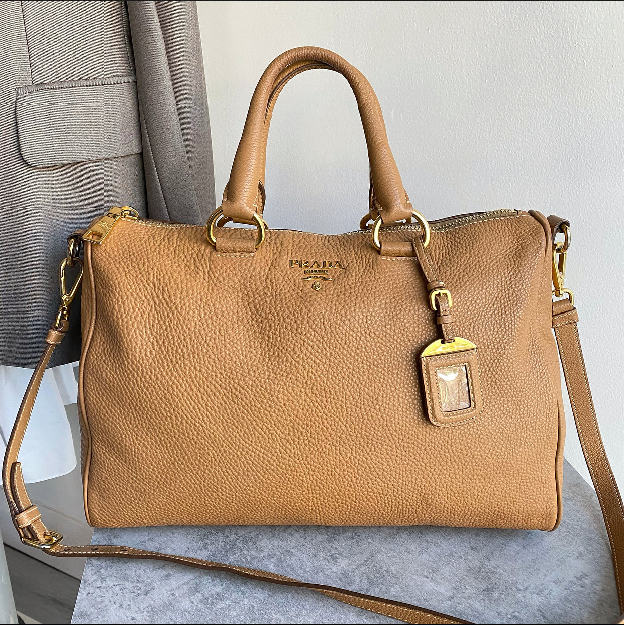 Prada Tan Vitello Daino Leather Large Two-Way Bag