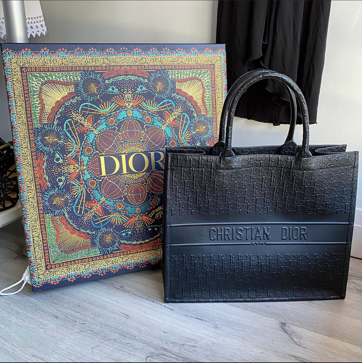 Dior Black Leather Embossed Large Book Tote Bag