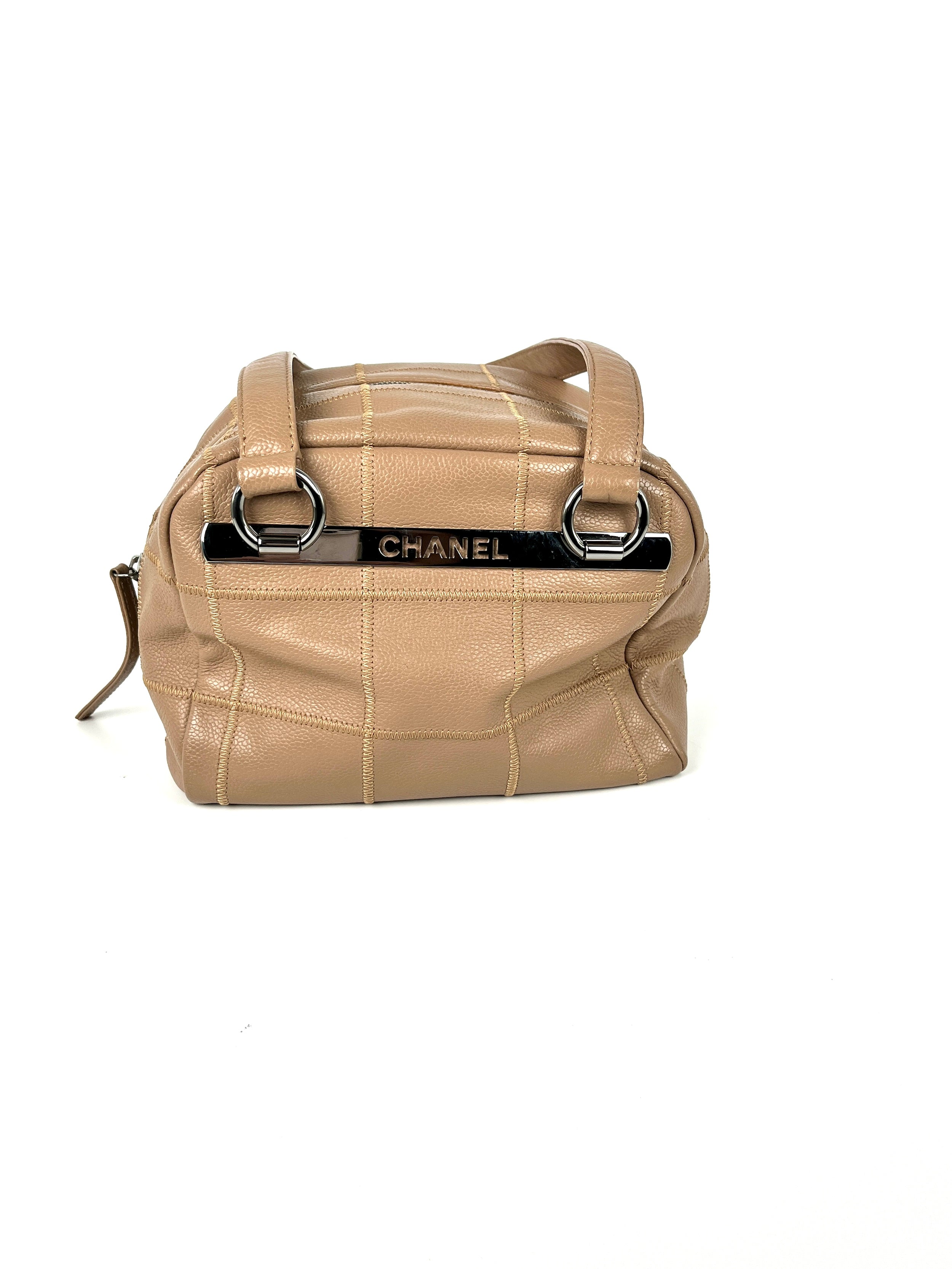 Vintage CHANEL LAX Square Quilt Bowler Dark Beige Leather Bag
