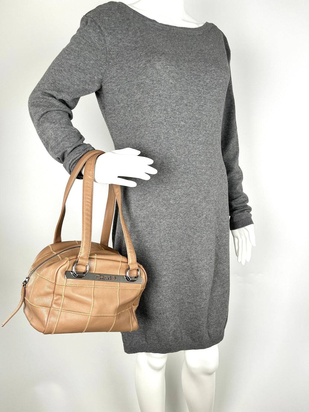 Vintage CHANEL LAX Square Quilt Bowler Dark Beige Leather Bag