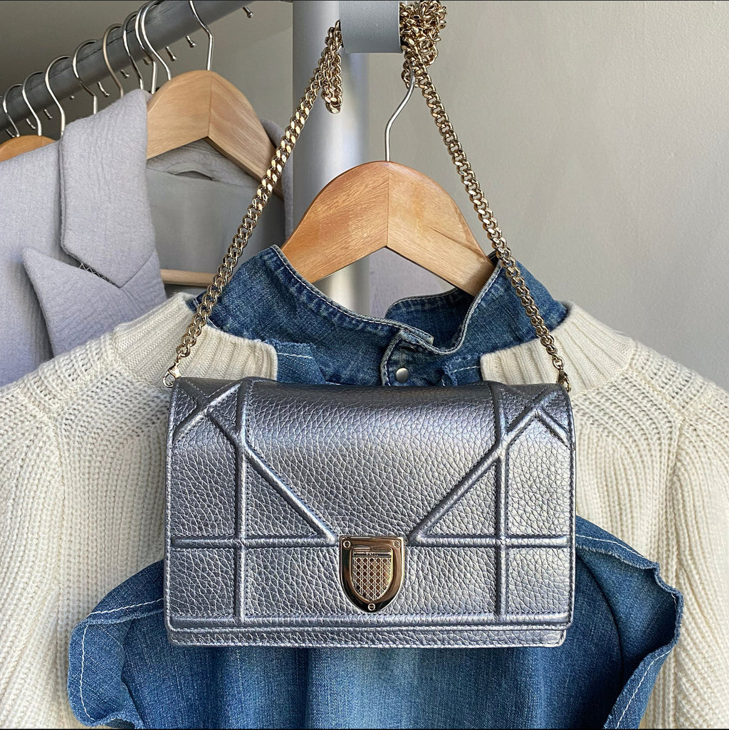 Diorama Metallic Grey Silver Calf Crossbody Wallet on Chain Bag