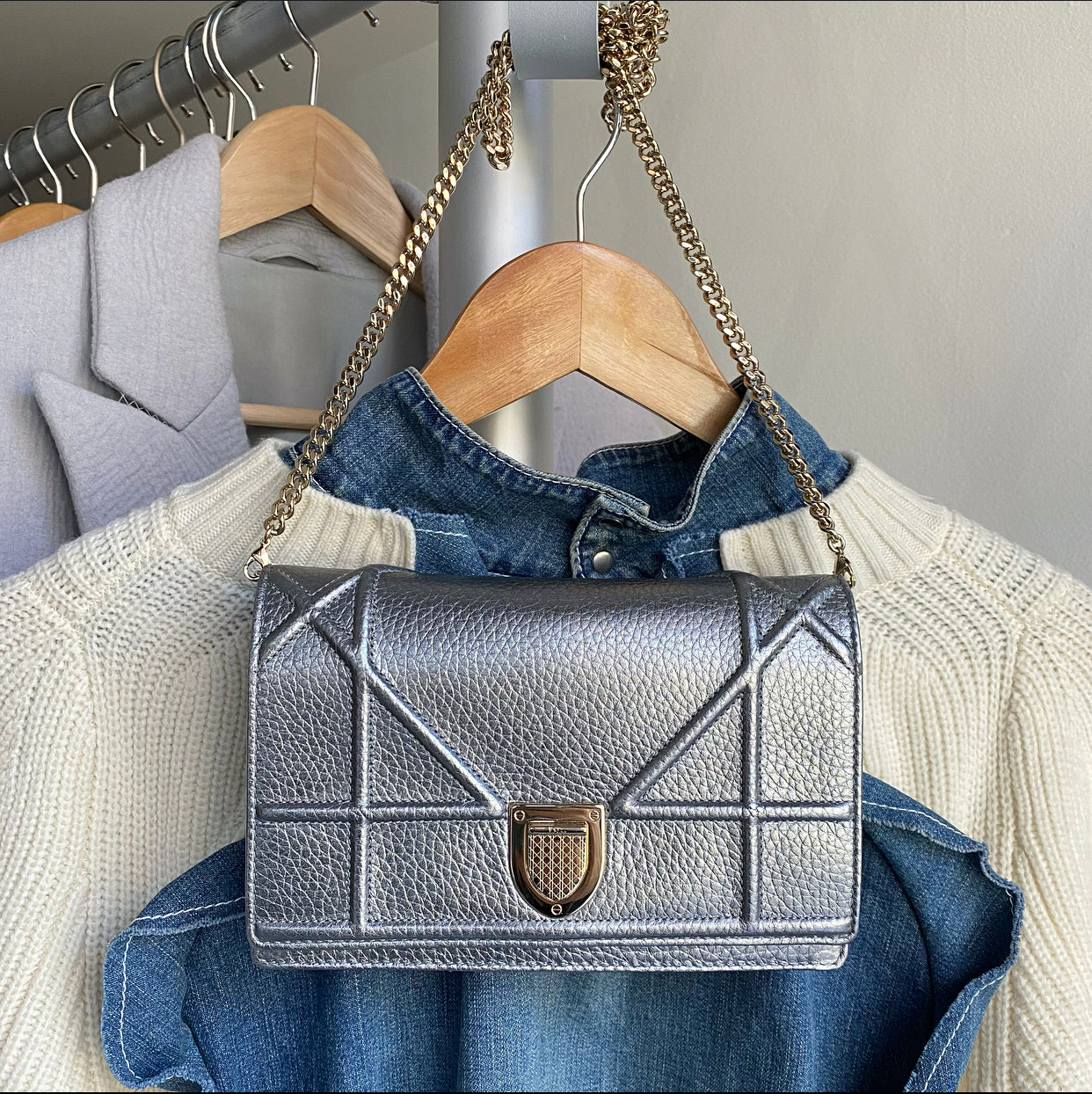 Diorama Metallic Grey Silver Calf Crossbody Wallet on Chain Bag