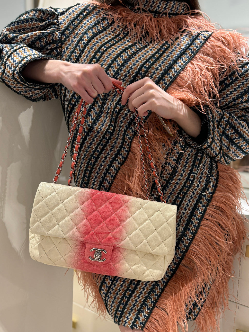 Chanel Caviar Ombre white rose quilted chain Classic Flap Bag