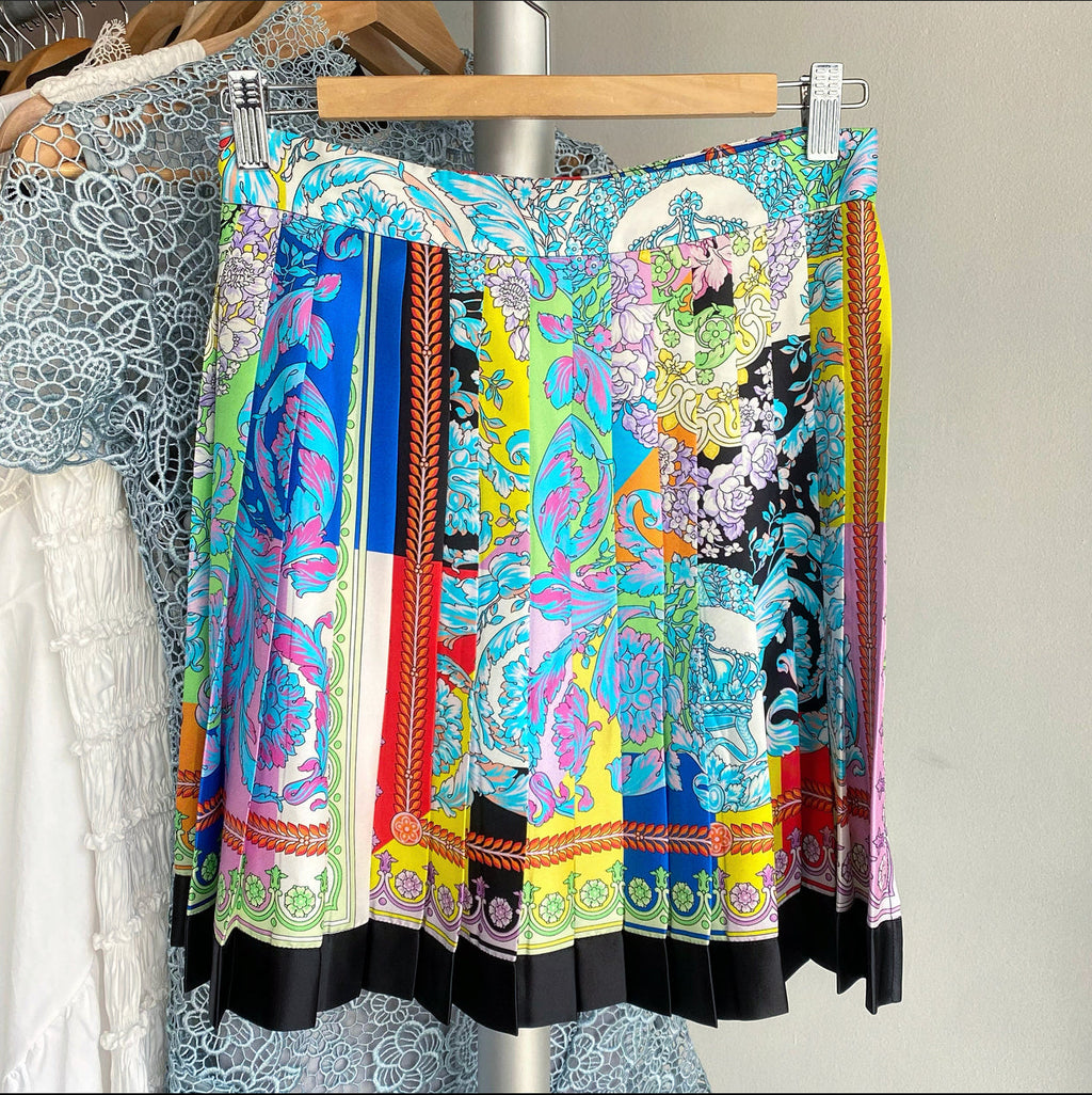 Versace Blue Muti Barocco Print Silk Pleat Mini Skirt - IT40 / 4