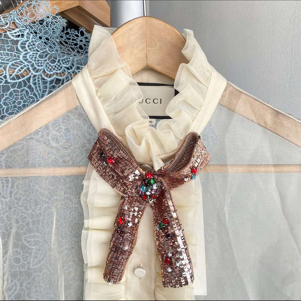 Gucci Ivory Sheer Organza Ruffle Blouse with Sequin Collar - M