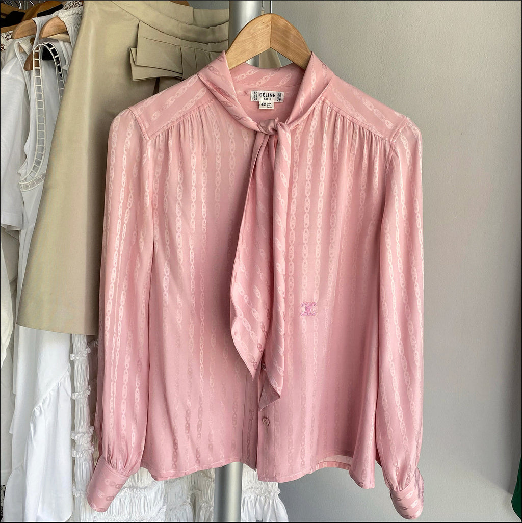 Celine Vintage Silk Jacquard Logo Tie Neck Blouse - S (4/6)