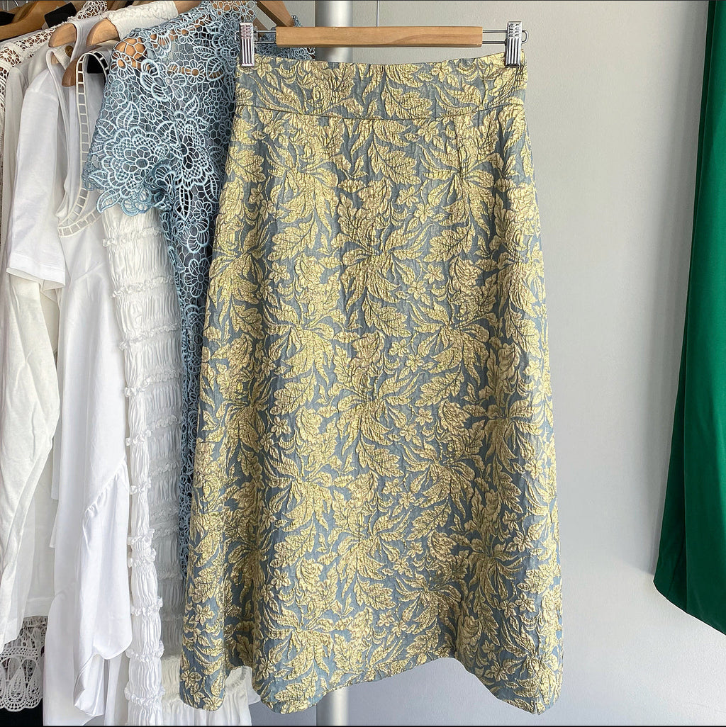 Dolce Gabbana Gold and Blue Metallic Brocade A-Line Midi Skirt - 2/4