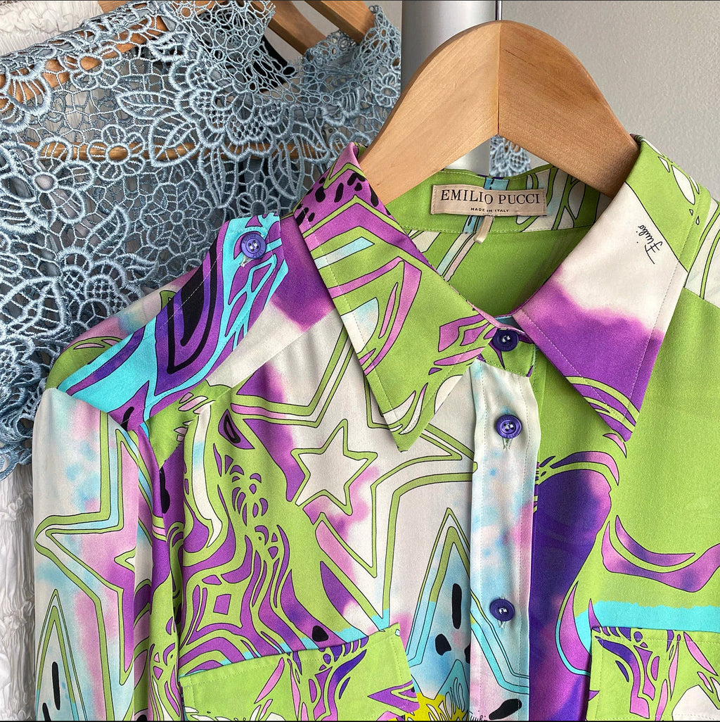 Emilio Pucci Purple and Blue Silk Pattern Blouse - L (8/10)