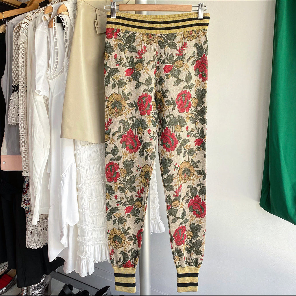 Gucci Gold Lurex Floral Knit Leggings - S