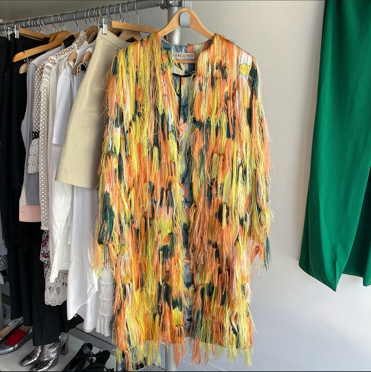 Emilio Pucci Orange Green Fringe Brocade Coat - S