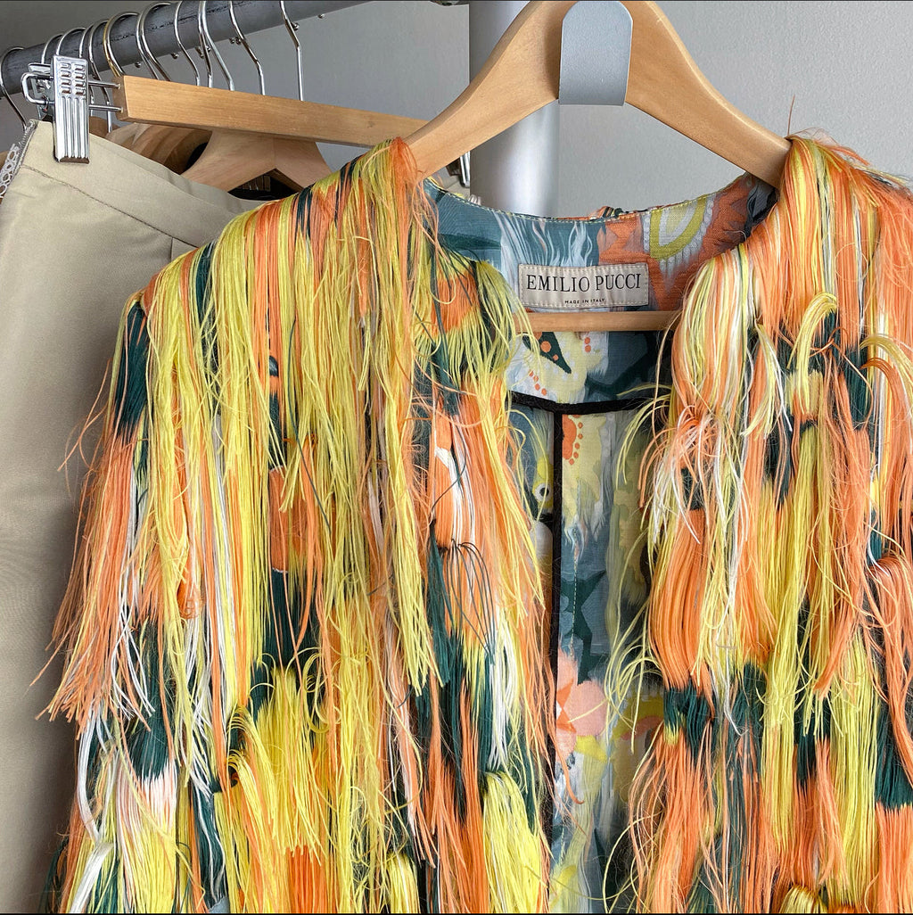 Emilio Pucci Orange Green Fringe Brocade Coat - S