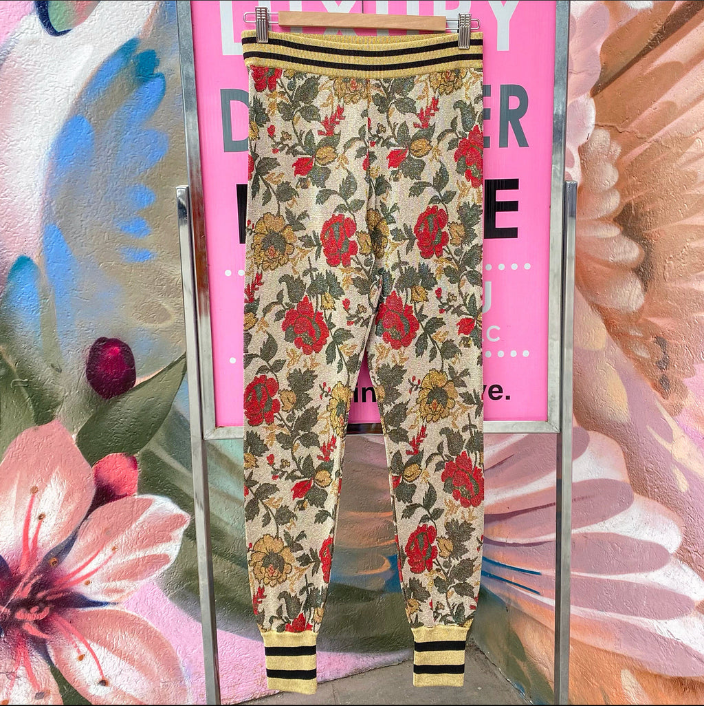 Gucci Gold Lurex Floral Knit Leggings - S
