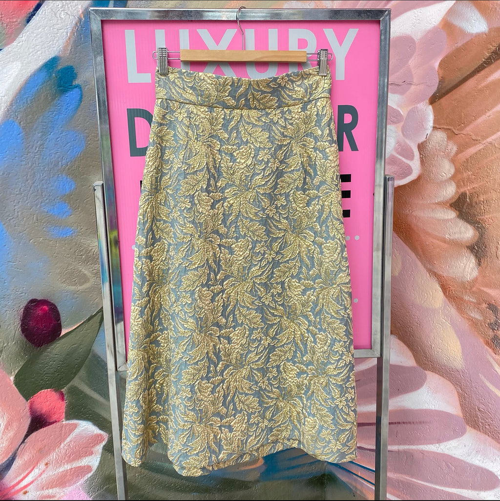 Dolce Gabbana Gold and Blue Metallic Brocade A-Line Midi Skirt - 2/4
