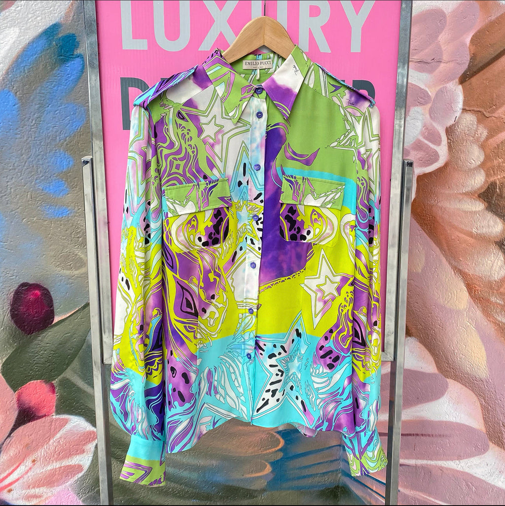 Emilio Pucci Purple and Blue Silk Pattern Blouse - L (8/10)