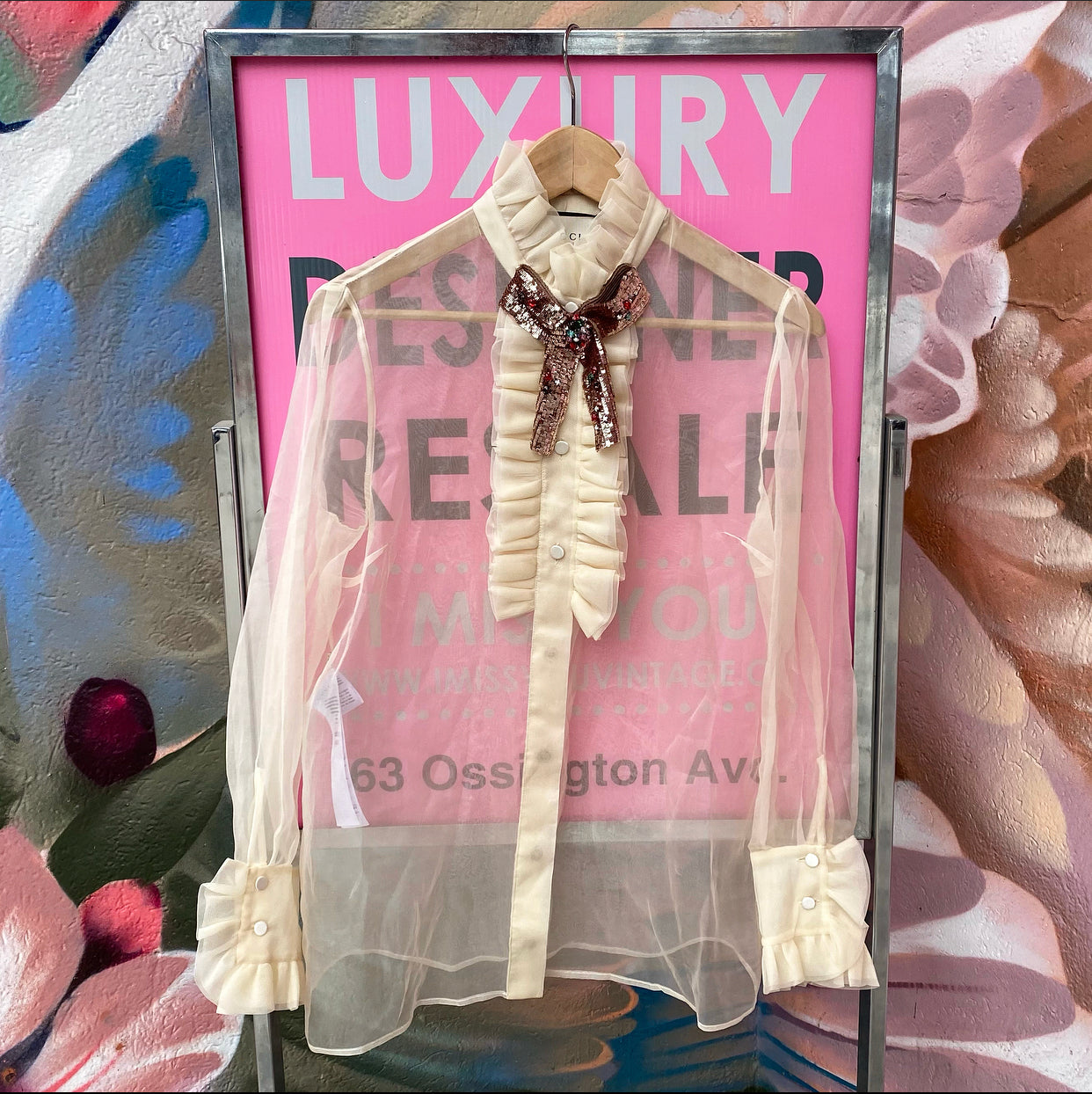 Gucci Ivory Sheer Organza Ruffle Blouse with Sequin Collar - M