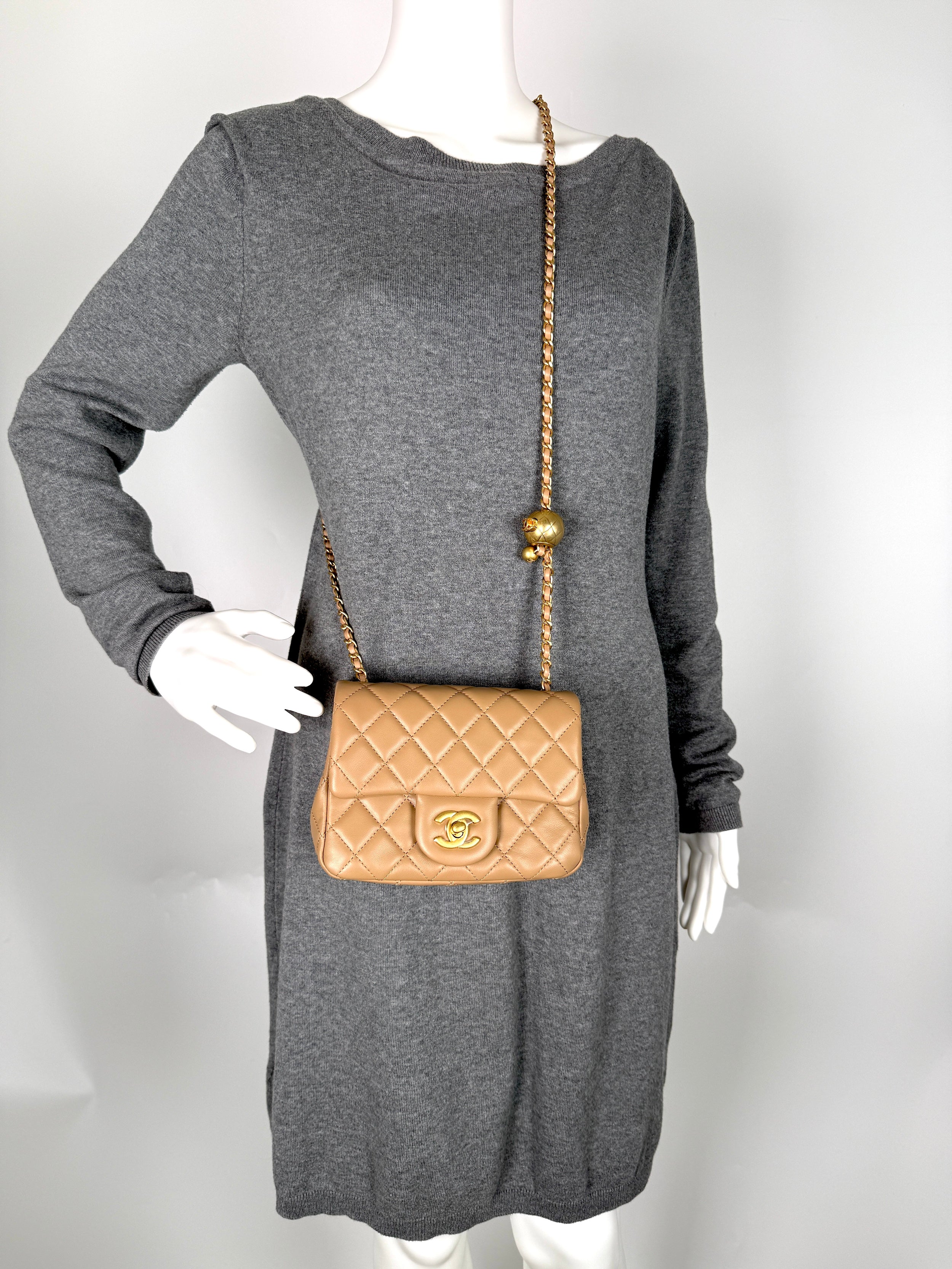 New CHANEL Mini Pearl Crush Lambskin Quilted Dark Beige Flap Crossbody Bag