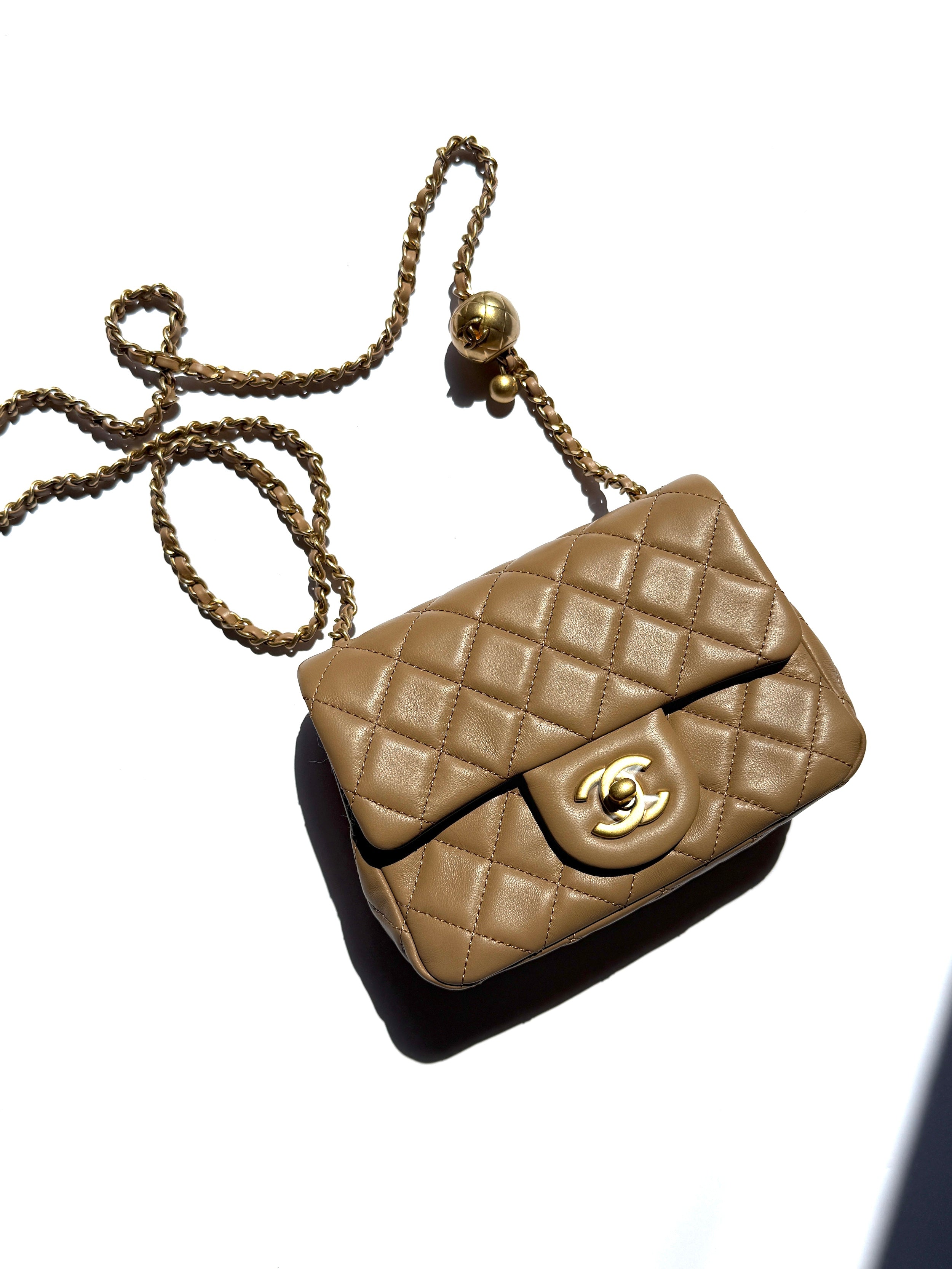 New CHANEL Mini Pearl Crush Lambskin Quilted Dark Beige Flap Crossbody Bag