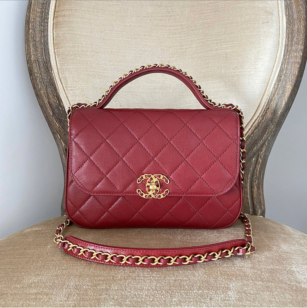 Chanel 19B Burgundy Red Quilted Top Handle Flap Bag