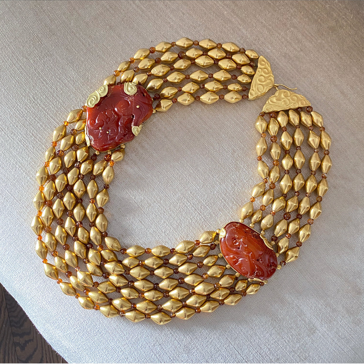Fred Leighton 22k Gold Asian Carved Amber Multi-Strand Bead Necklace