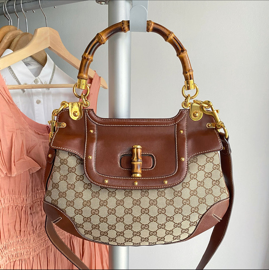 Gucci Peggy Brown Monogram Canvas and Bamboo Two-Way Bag