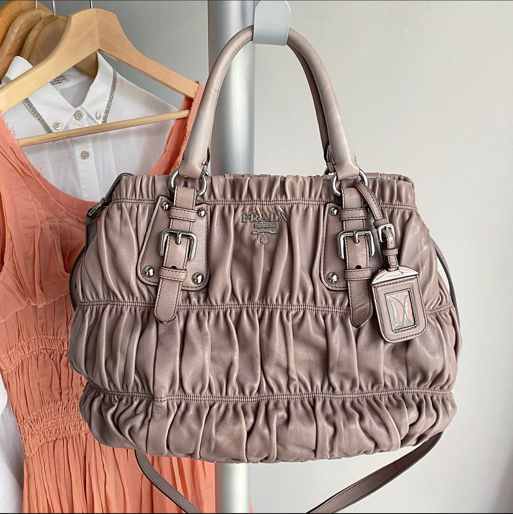 Prada Taupe Gaufre Pleated Two-Way Satchel Tote Bag