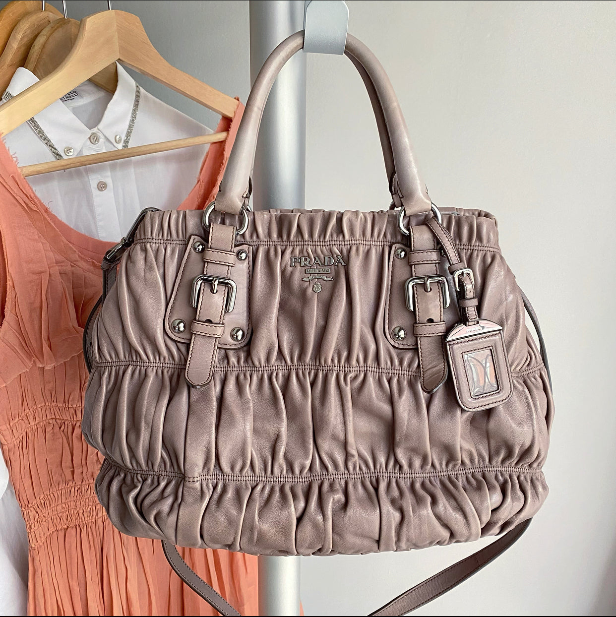Prada Taupe Gaufre Pleated Two-Way Satchel Tote Bag