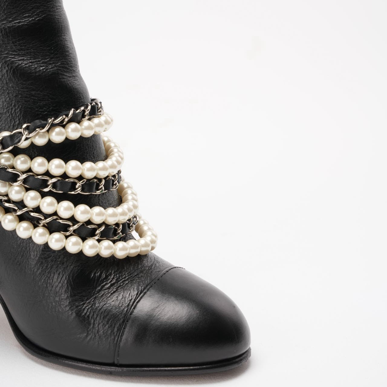 Chanel Black Pearl Chain CC Short Ankle Boots 39.5