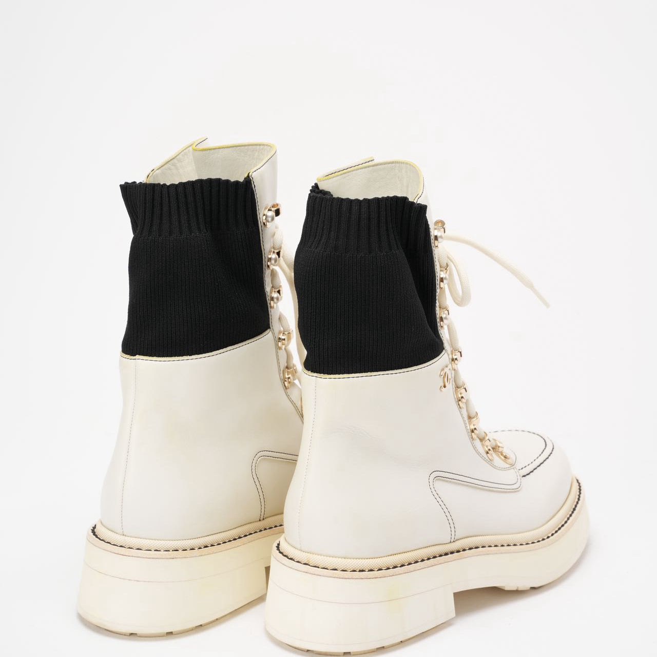 Chanel 21K White/Black CC Combat Ankle Boots 38 ½