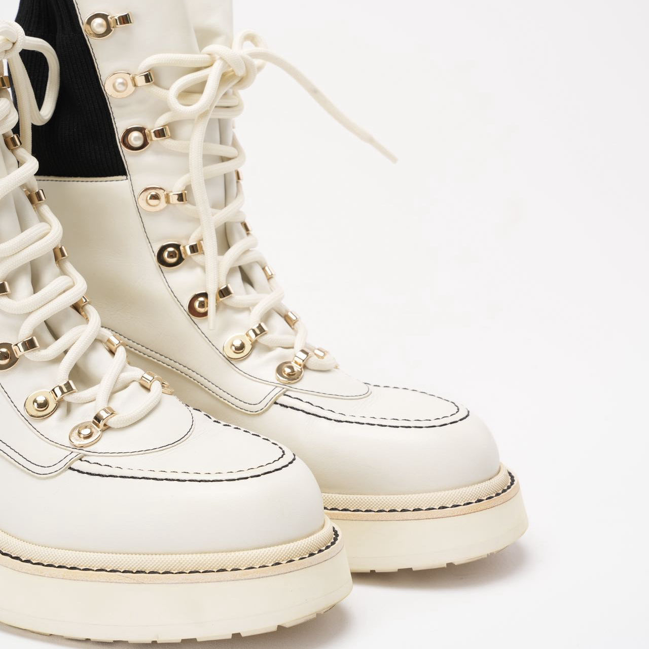 Chanel 21K White/Black CC Combat Ankle Boots 38 ½